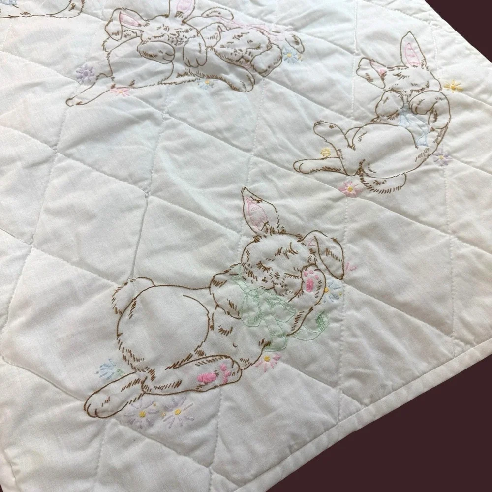 Vintage Baby Quilt Sleeping Bunnies Embroidered Crib Blanket Nursery 25x 32 1/2